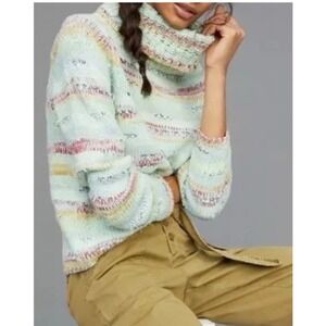 Anthropologie Elya Cowl Space Dye Striped Turtleneck Sweater Mint Green Multi M